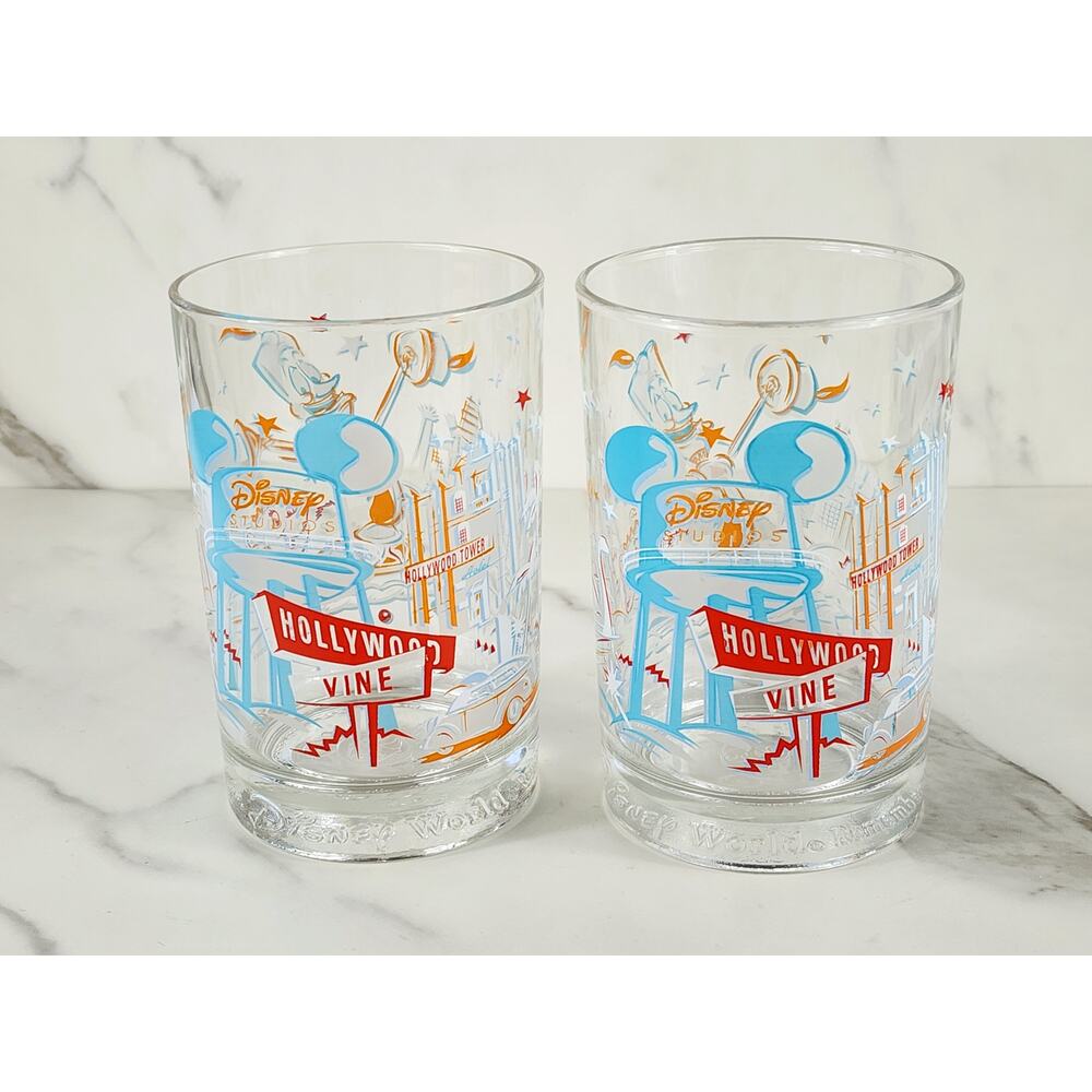 Walt Disney Clear Tumbler Glass Hollywood 1996 Beauty And The Beast 90's x2 Vtg